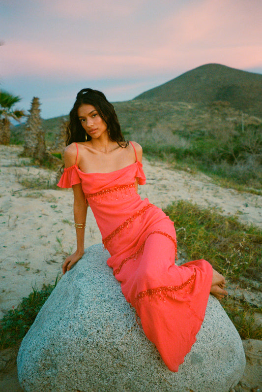 Layla Hand Beaded Gown - Geranium