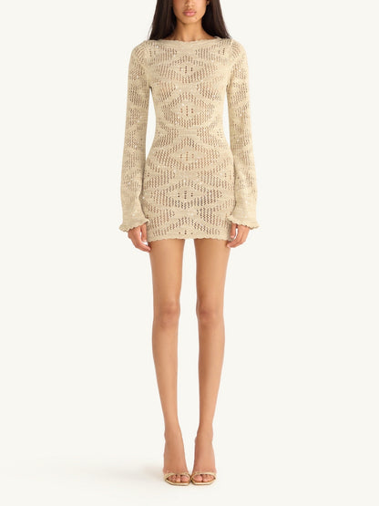 Eve Long Sleeve Mini Dress - Sand Shimmer