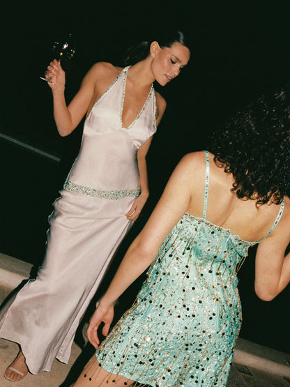 Celine Hand Beaded Dress - Salt/Swimming Pool Blue