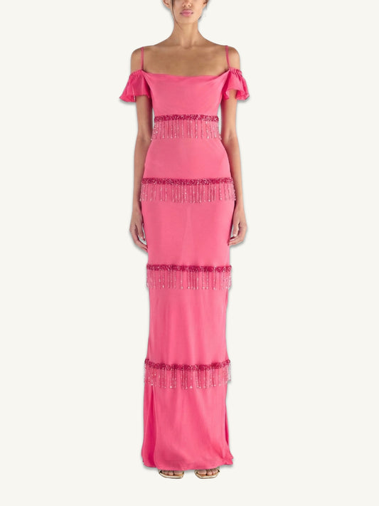 Layla Hand Beaded Gown - Geranium