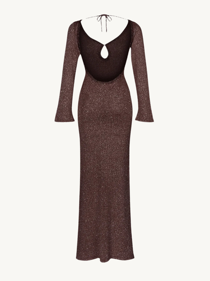 Fiona Long Sleeve Keyhole Dress - Tobacco Sequin