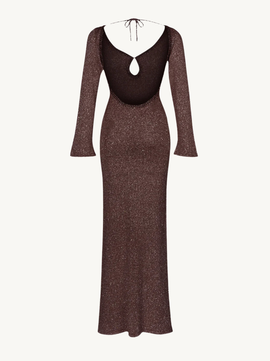 Fiona Long Sleeve Keyhole Dress - Tobacco Sequin