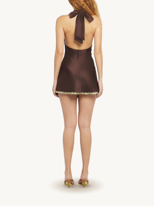 Celine Hand Beaded Mini Dress - Cocoa