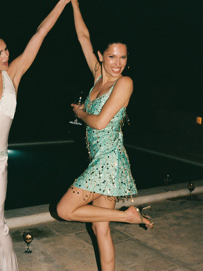 Marta Hand Beaded Mini Dress - Swimming Pool Blue