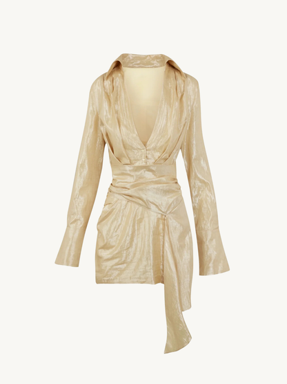 Viola Long Sleeve Mini Dress - Gold Lamé