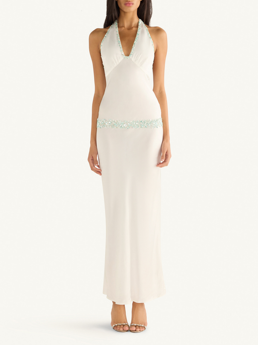 Celine Hand Beaded Dress - Salt/Swimming Pool Blue