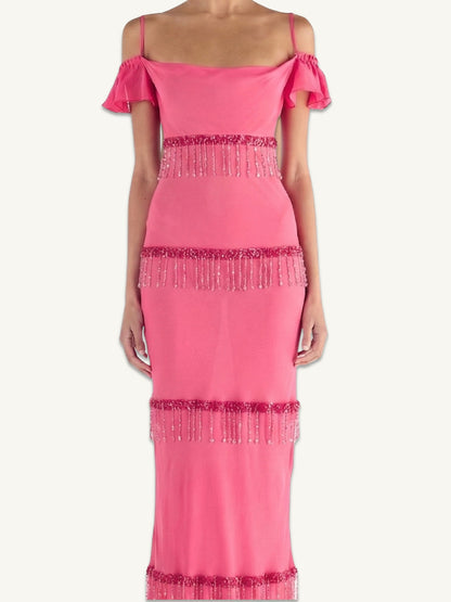 Layla Hand Beaded Gown - Geranium