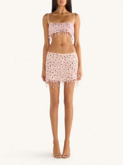Yasmin Hand Beaded Mini Skirt - Blush Pink