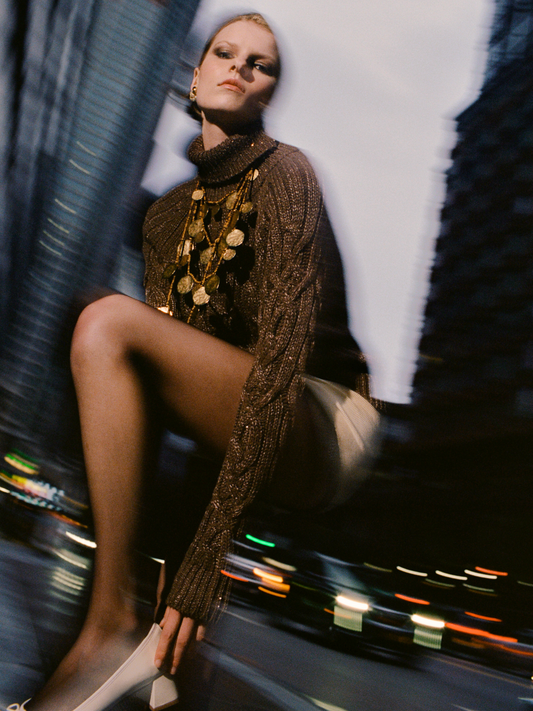 Elsa Cable Knit Sweater - Tobacco Sequin