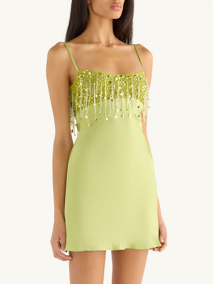 Yasmin Hand Beaded Mini Dress - Chartreuse