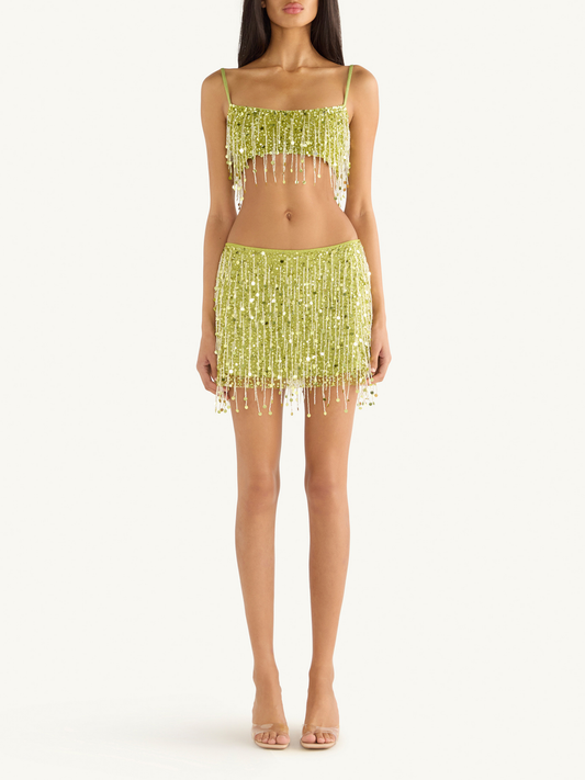Yasmin Hand Beaded Mini Skirt - Chartreuse