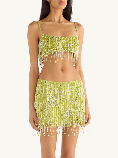 Yasmin Hand Beaded Mini Skirt - Chartreuse