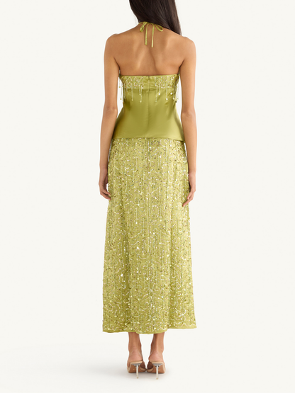 Yasmin Hand Beaded Halter Neck Top - Olive Oil
