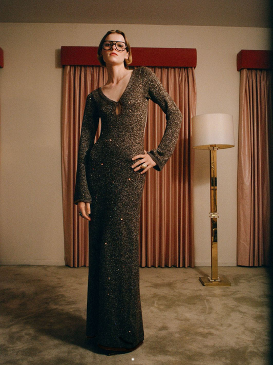 Fiona Long Sleeve Keyhole Dress - Tobacco Sequin