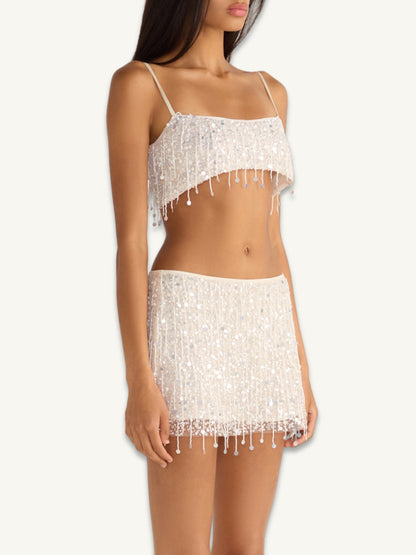 Yasmin Hand Beaded Mini Skirt - Salt