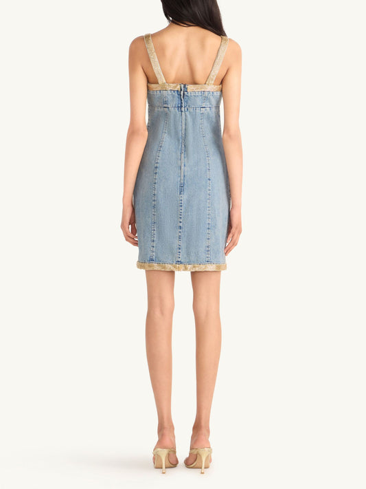 Vera Embroidered Mini Dress - Light Wash/ Golden Olive