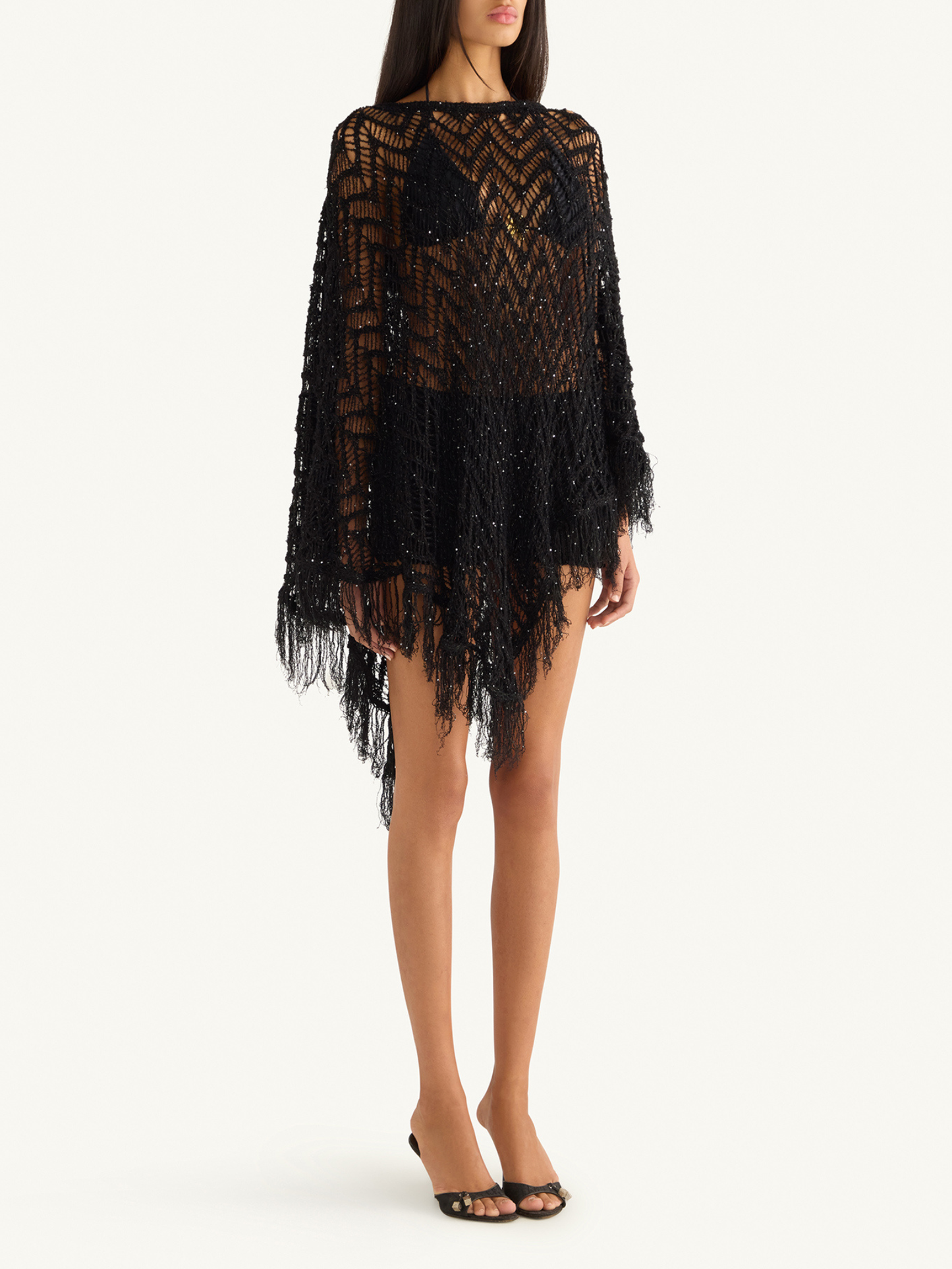 Alice Fringe Poncho - Black/Silver Sequin