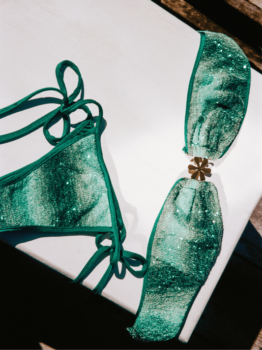 Mia Knitted Bikini Bottom - Palm Green Sequin