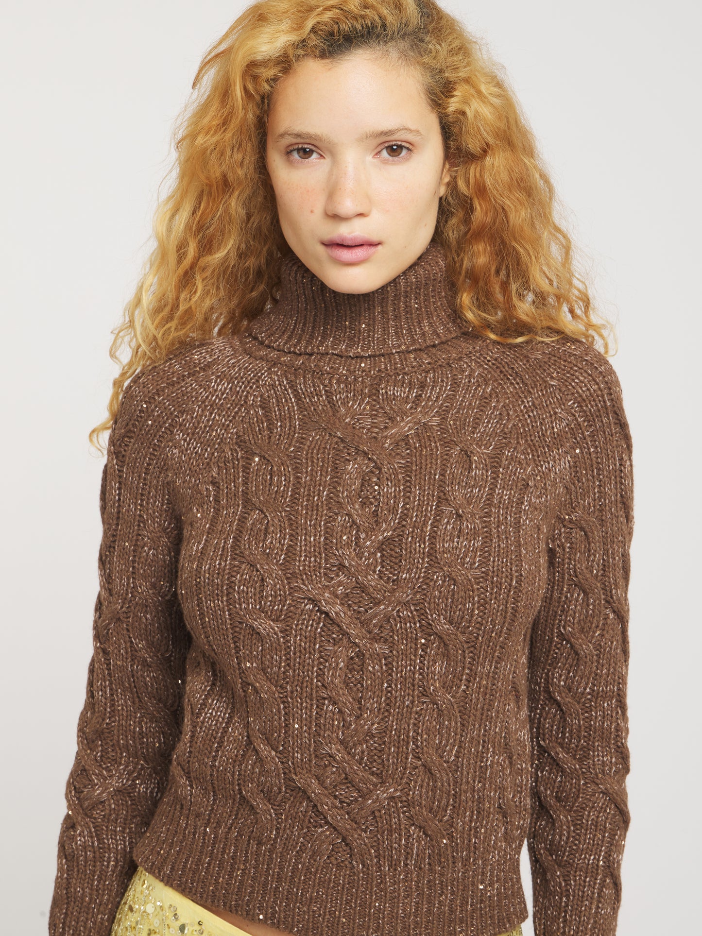 Elsa Cable Knit Sweater - Tobacco Sequin