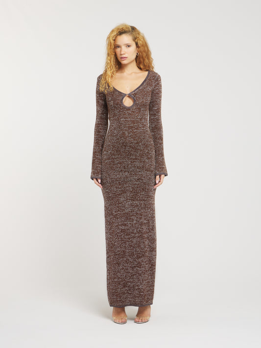 Fiona Long Sleeve Keyhole Dress - Tobacco Sequin