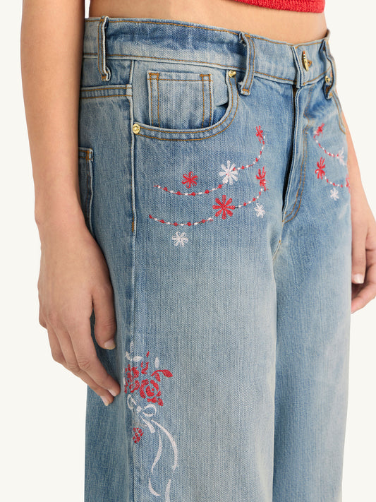 Helena Embroidered Jean - Vintage Blue
