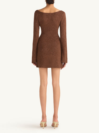 ribbed modal long sleeve mini dress in chocolate Ribbed Modal Long Sleeve Mini Dress in Chocolate