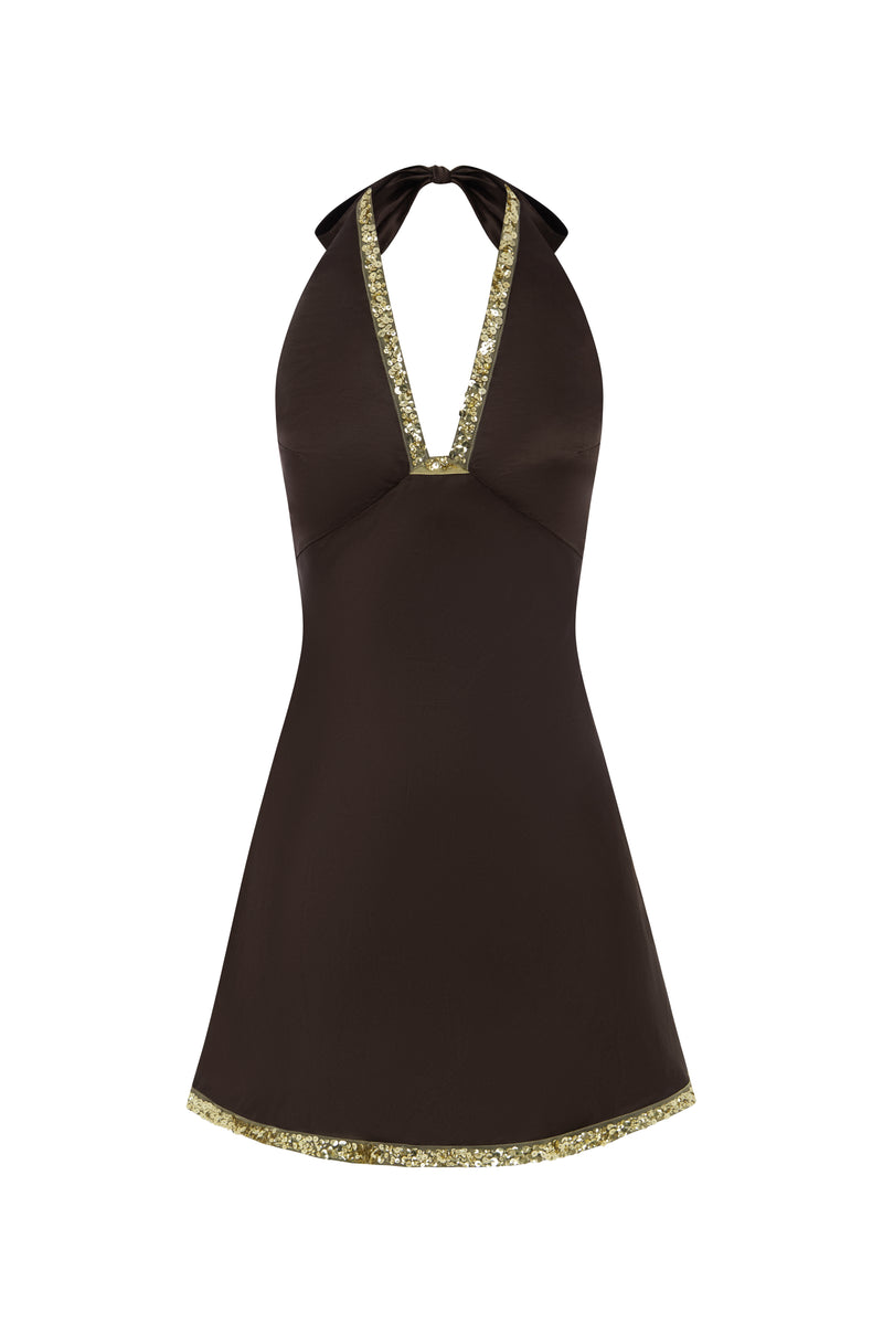 Celine Hand Beaded Mini Dress - Cocoa