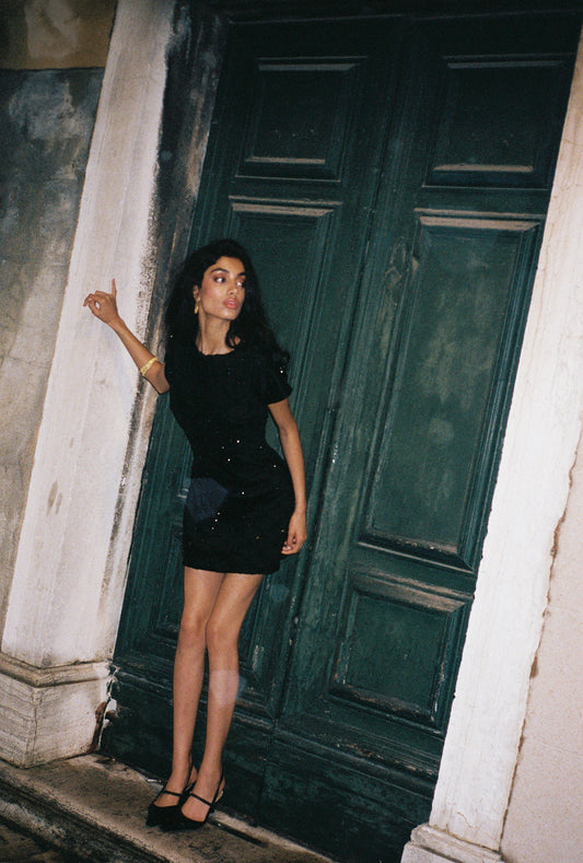 Mathilde Hand Beaded Mini Dress - Black