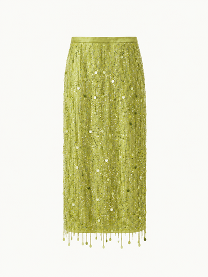 Yasmin Hand Beaded Maxi Skirt - Olive Oil
