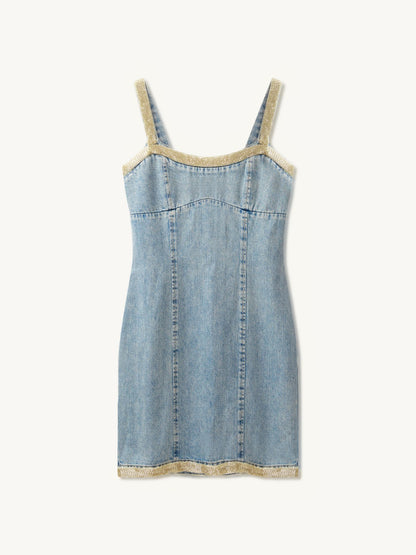 Vera Embroidered Mini Dress - Light Wash/ Golden Olive