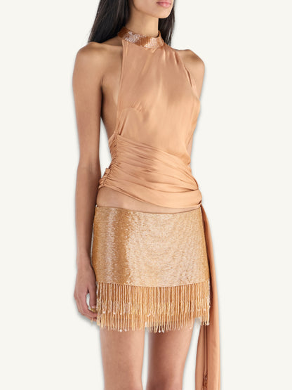 Estella Hand Beaded Mini Skirt  - Almond